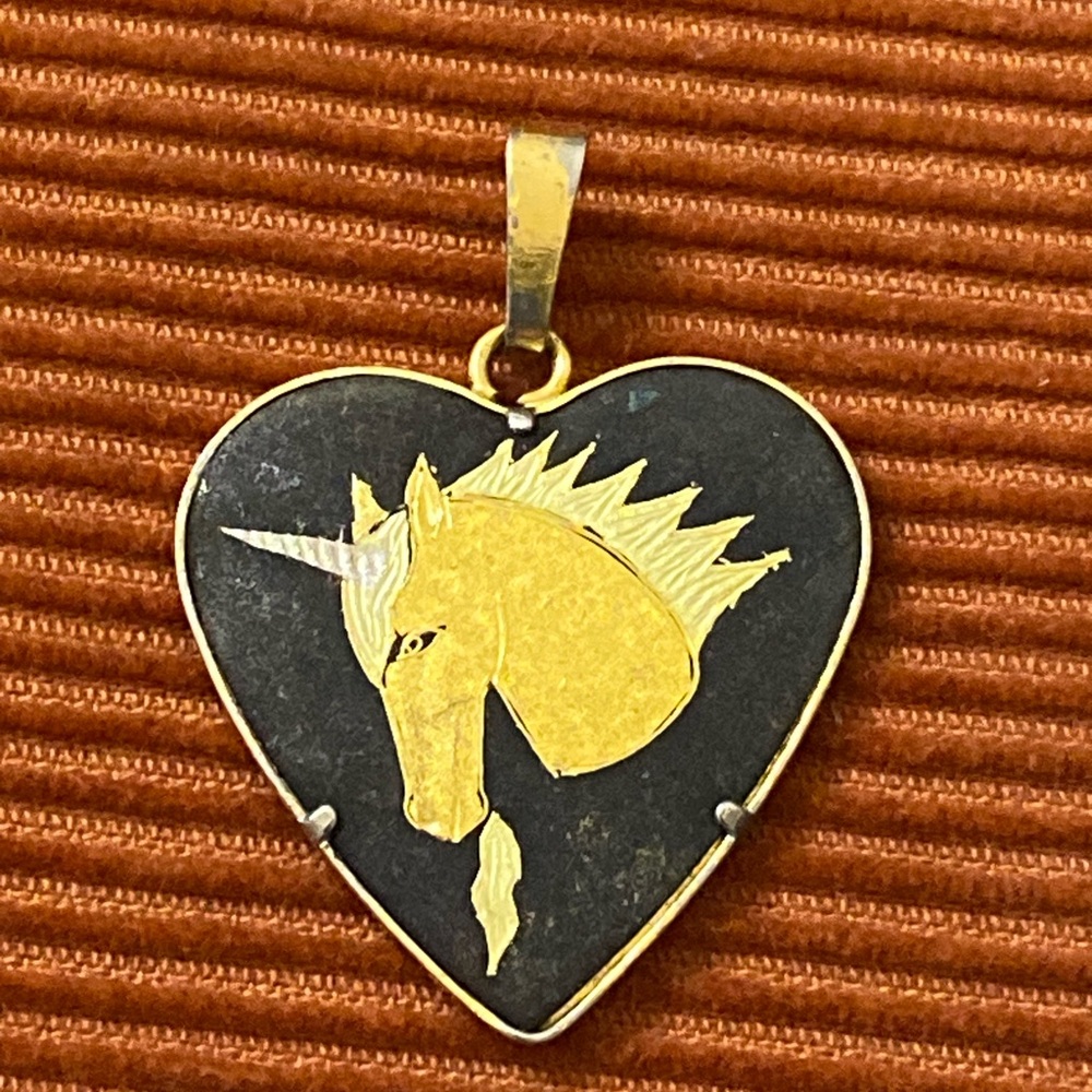 Vintage Black and Gold Unicorn Heart Necklace